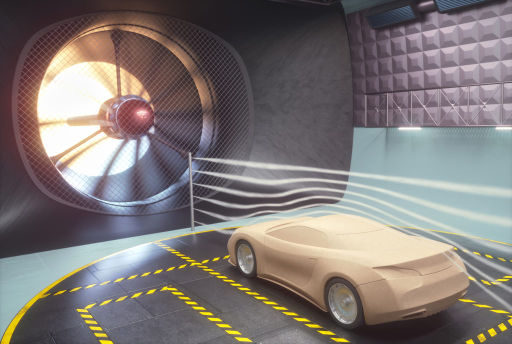 Auto mit aktiven aerodynamischen Teilen, gesteuert mittels Polyurethanschlauch, in Windtunnel