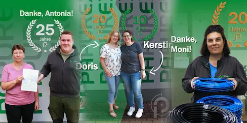 Titelbild mit mehreren Männern und Frauen, die die Jubiläen ihrer Stellen in Mörlenbach feiern. 