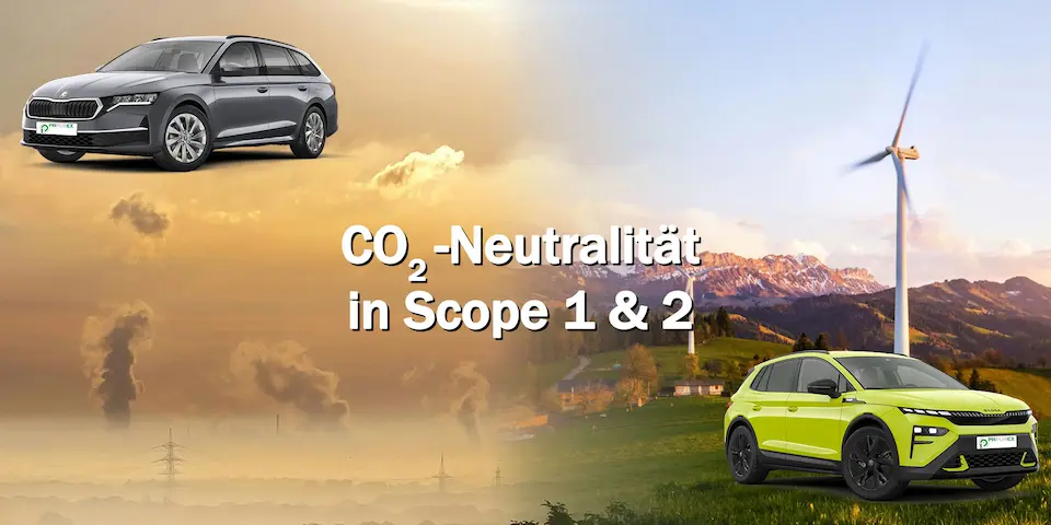 Titelbild zur CO2 neutralen Produktion, das ein Auto mit Verbrennungsmotor und ein elektrisches Auto zeigt. 