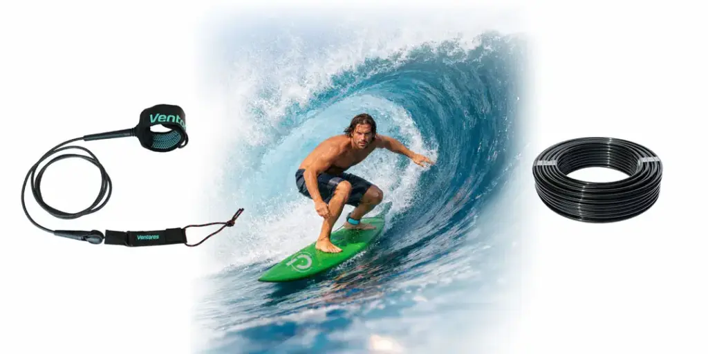 Ein Surfer reitet eine hohe Welle auf einem grünen Surfbrett. Links ist eine Surfboard Leash zu sehen, während rechts ein schwarter Polyurethanschlauch zu sehen ist.