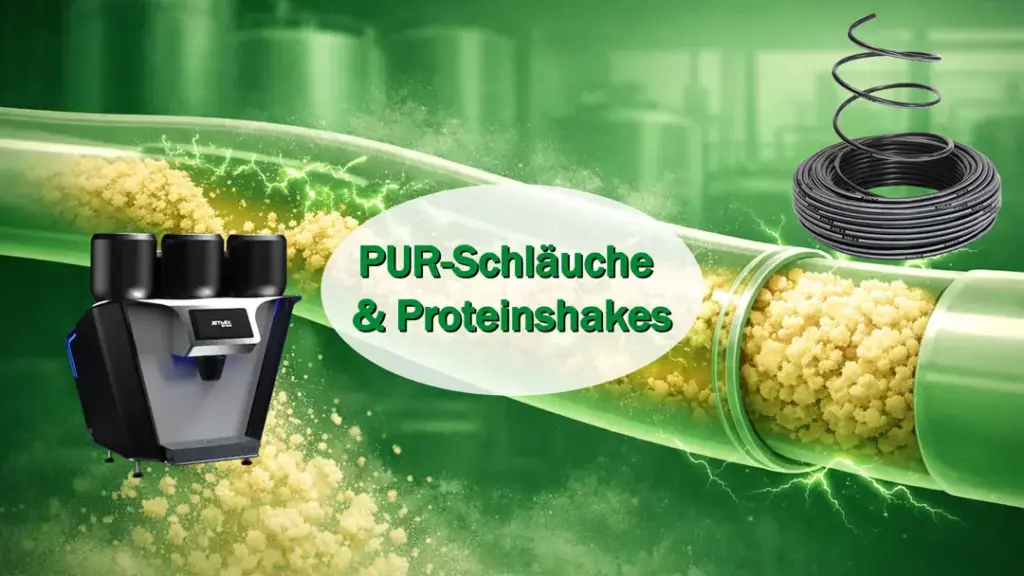 Im Hintergrund ist ein antistatischer Schlauch für Lebensmittelkontakt zu sehen. Links ist eine Maschine für Proteinshakes abgebildet, während rechts ein antistatischer Schlauch zu sehen ist.