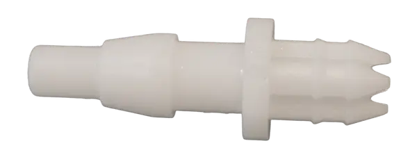 Gerader Stecker für das KSS Schlauchsystem Der Stecker ist auf der linken Seite weiß und auf der rechten Seite gezackt. Er ist aus weißem Kunststoff