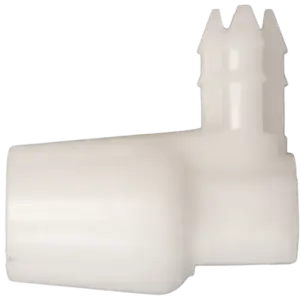 Tulpenverbinder für das knicksichere KSS Schlauchsystem. Der Verbinder ist oben wie ein Trichter geformt, während auf der rechten Seite ein gezacktes Verbindungselement zu sehen ist.