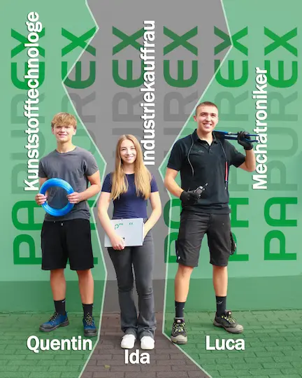 Quentin, Ida und Luca, die ihre Ausbildung bei PAPUREX beginnen in stolzer Pose